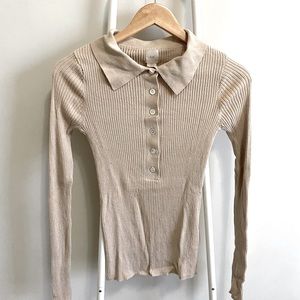 Ribbed Collar Beige Slim Fit Top
